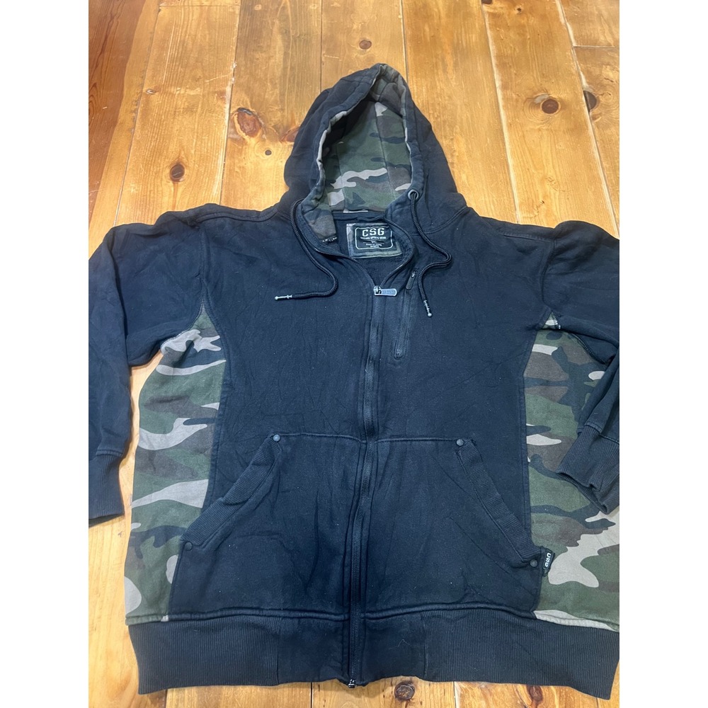 CSG Champs Sports Gear Mens XL Full Zip Hoodie Black Camo Fleece Sweatshirt